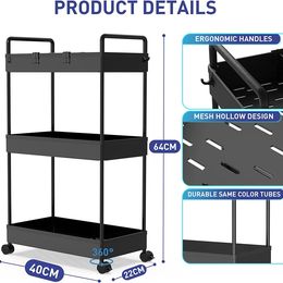3 Tier Rolling Cart Storage Organizer Utility Rolling Cart with Hooks FREE SHIPPING