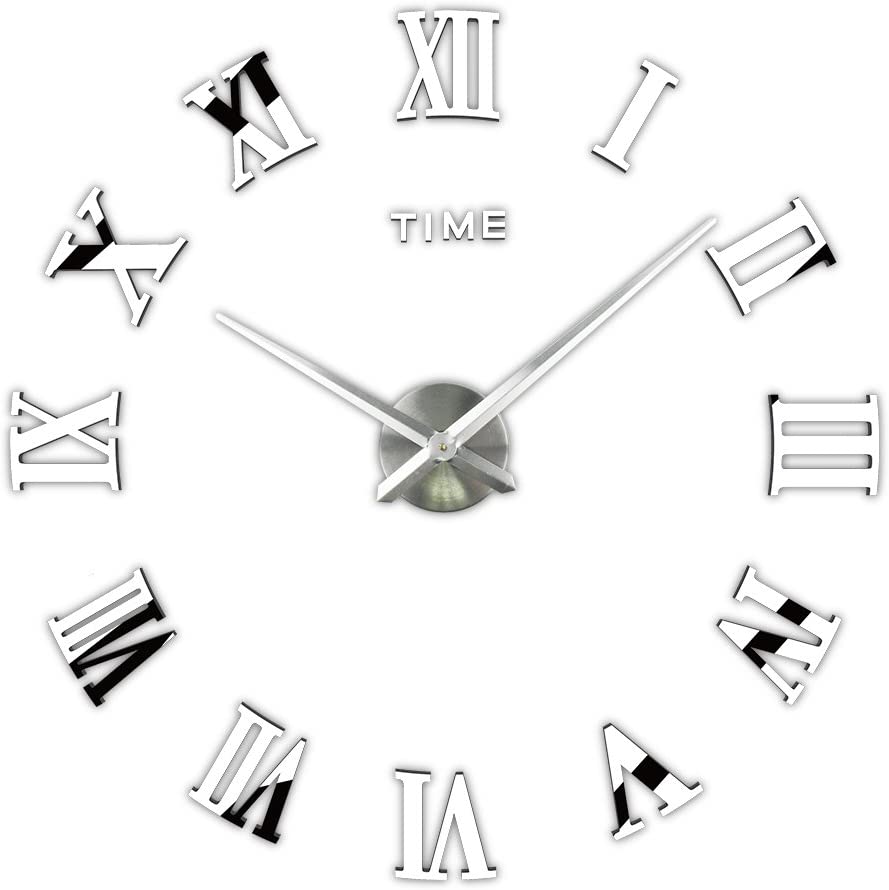3D DIY Frameless Large Wall Clock Modern Roman Numerals 3D Mirror Sticker