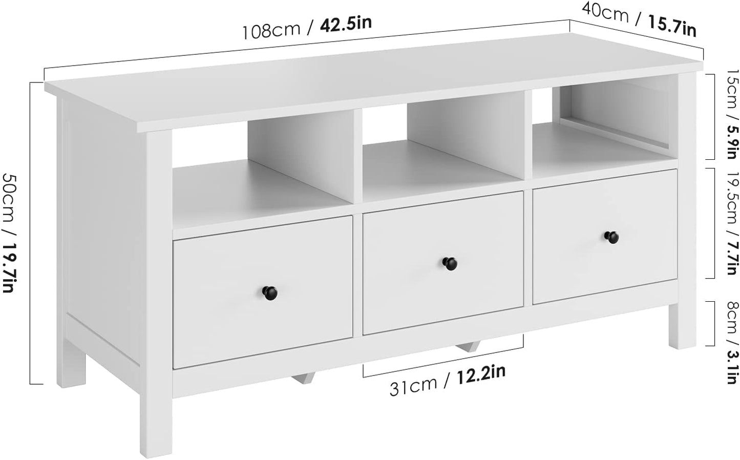 TV Stand Cabinet Floor TV Console with 3 Drawers for 43 Inch TV Unit White Bench Storage