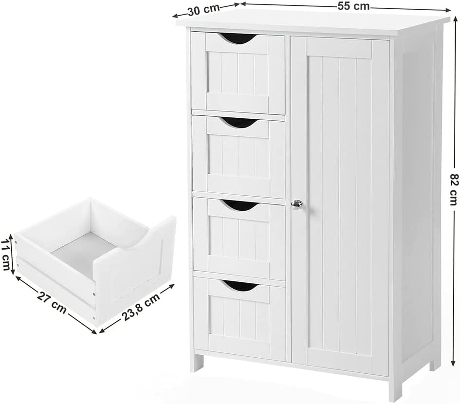 Bathroom Floor Storage Cabinet, Wooden Storage Unit with 4 Drawers, White