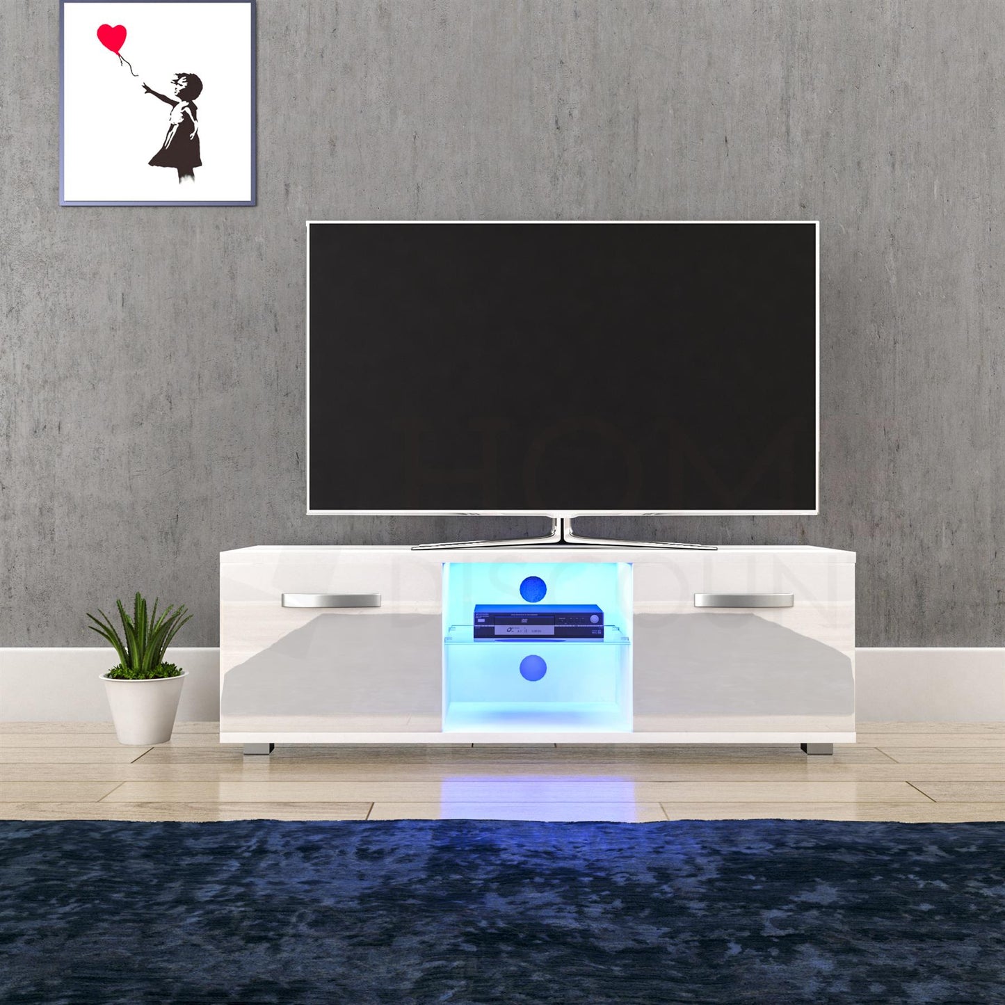 LED TV Stand Cabinet Unit Modern High Gloss 2 Door MDF Entertainment RGB Lights
