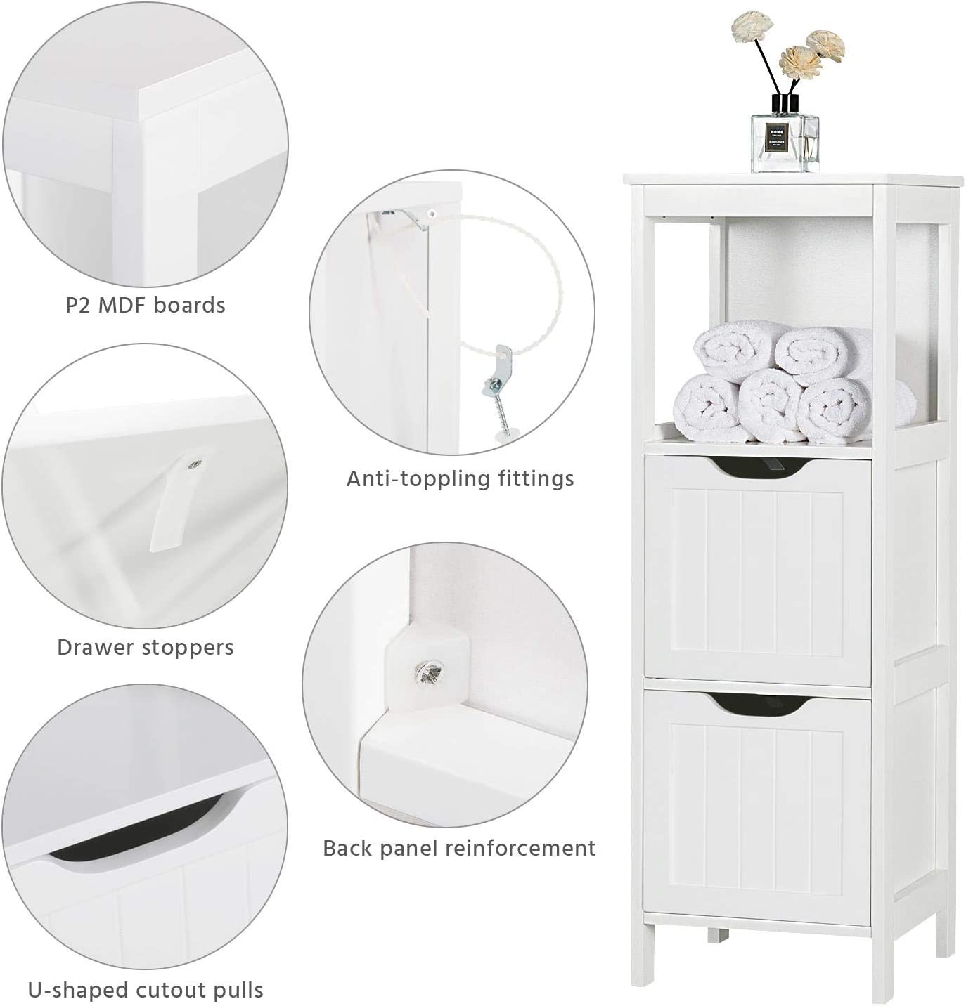 Bathroom Floor Cabinet with 2 Drawers, Modern Wooden Storage Unit, White