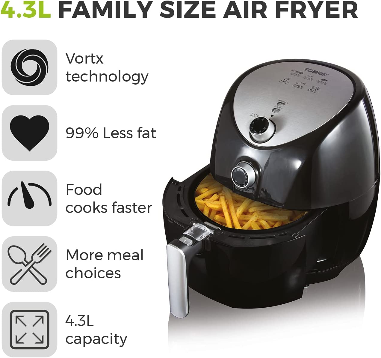 FAMILY SIZE AIR FRYER WITH RAPID AIR CIRCULATION, 60-MINUTE TIMER, 4.3 LITRE, 15