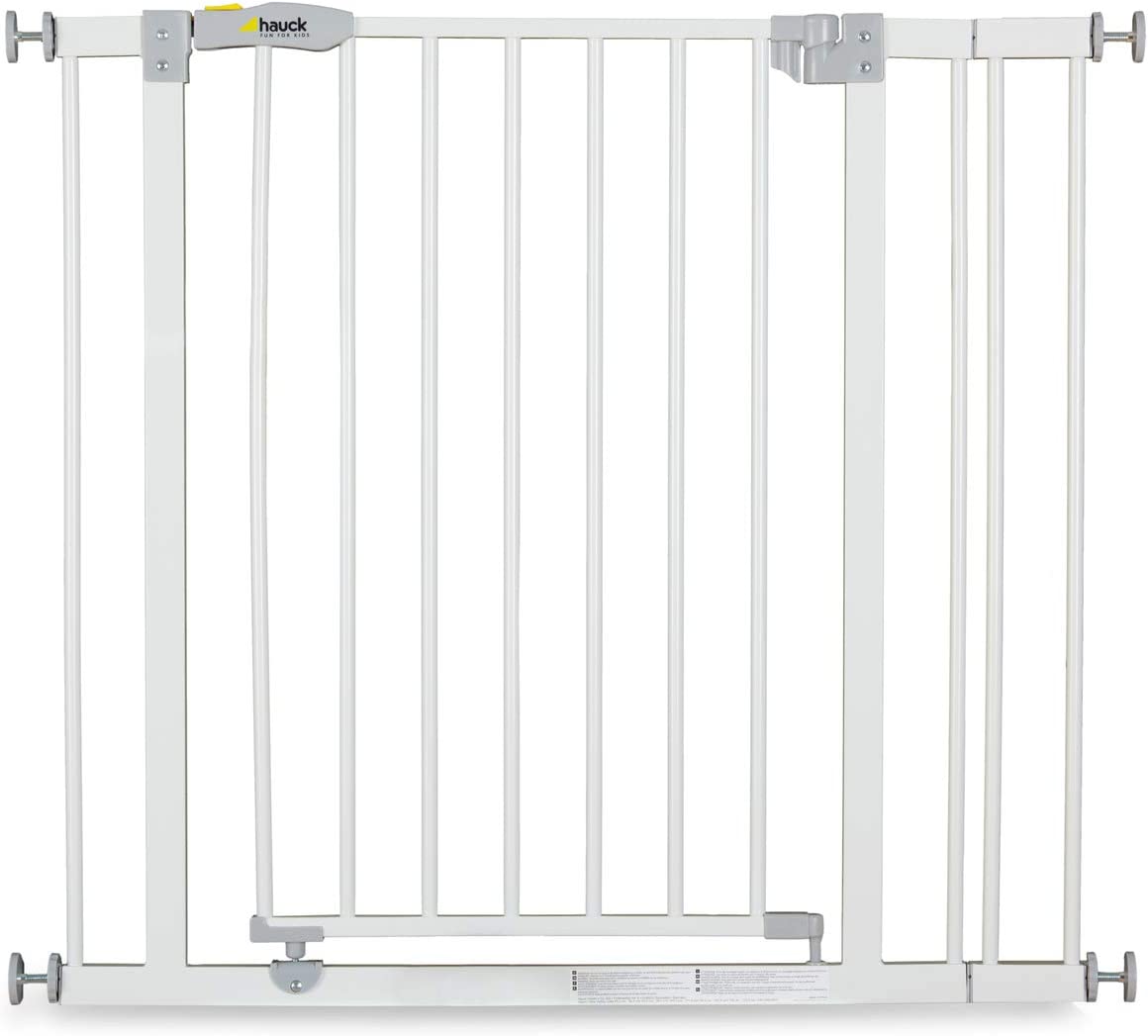 Baby Gate for Doors & Stairs Open N Stop inclusive 9 cm Extension, Widths 84 to 89 cm, Metal, White