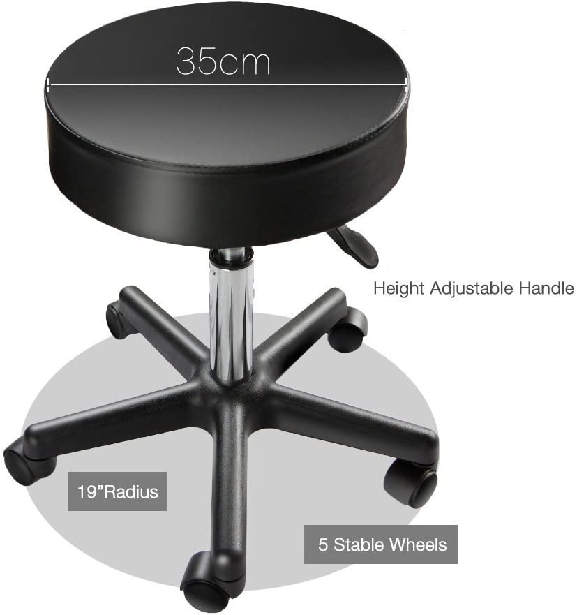 Black Adjustable Rolling Cushion Tattoo Salon Stool,5 Wheels