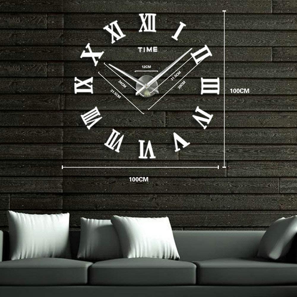3D DIY Frameless Large Wall Clock Modern Roman Numerals 3D Mirror Sticker