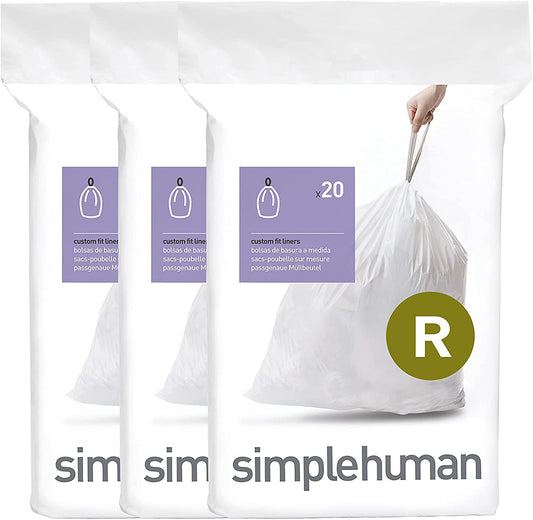 3 Pack simplehuman code R Custom Fit Bin Liner Bulk Pack, White Plastic ( 60 Liners)