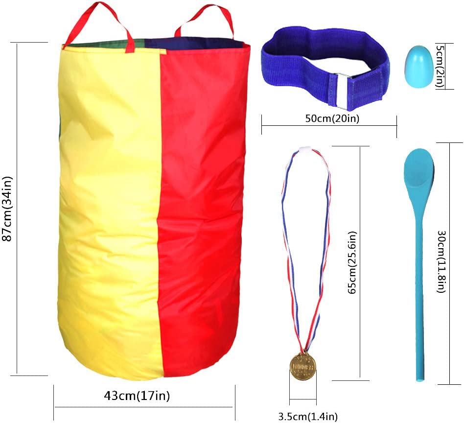 Sports Day Kit Outdoor Games Potato Sack Race Bags for Kids and Adults, Egg and Spoon, 3-Legged Race Bands, Game Prizes