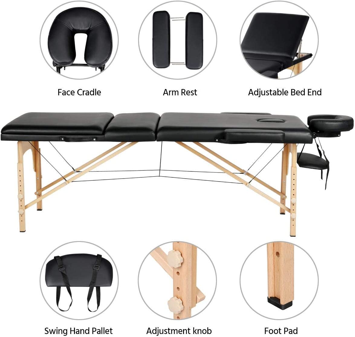 Portable Beauty Bed Folding Facial Spa Bed Tattoo Couch Bed w/Carry Bag Wooden 3 Sections