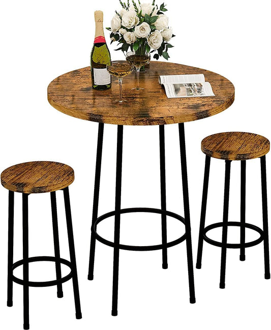 3Pcs Pub Dining Set Industrial Counter Height Dining Sets with 2 Stools, Round Bar Table Chairs Set