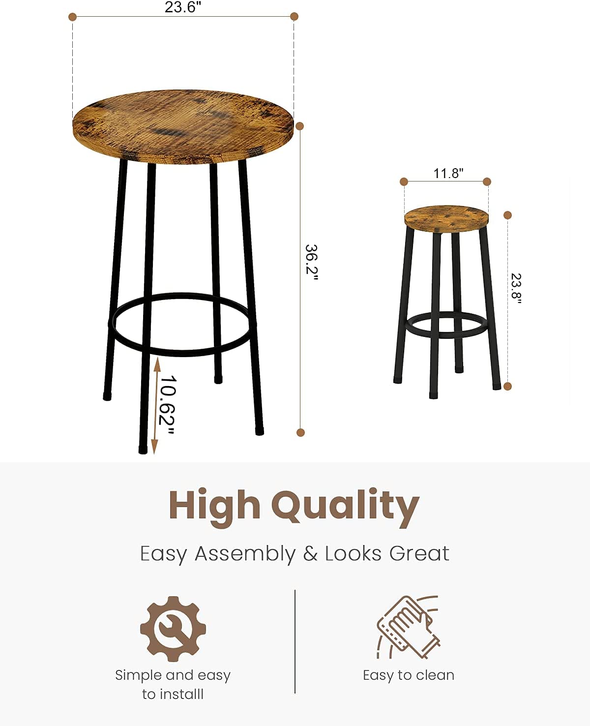 3Pcs Pub Dining Set Industrial Counter Height Dining Sets with 2 Stools, Round Bar Table Chairs Set