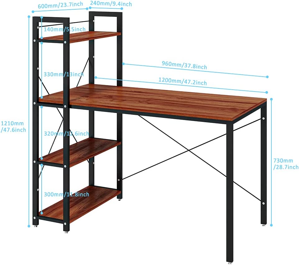 4 Tier Computer Desk, Computer Desk with Bookshelf, Computer PC Laptop Table