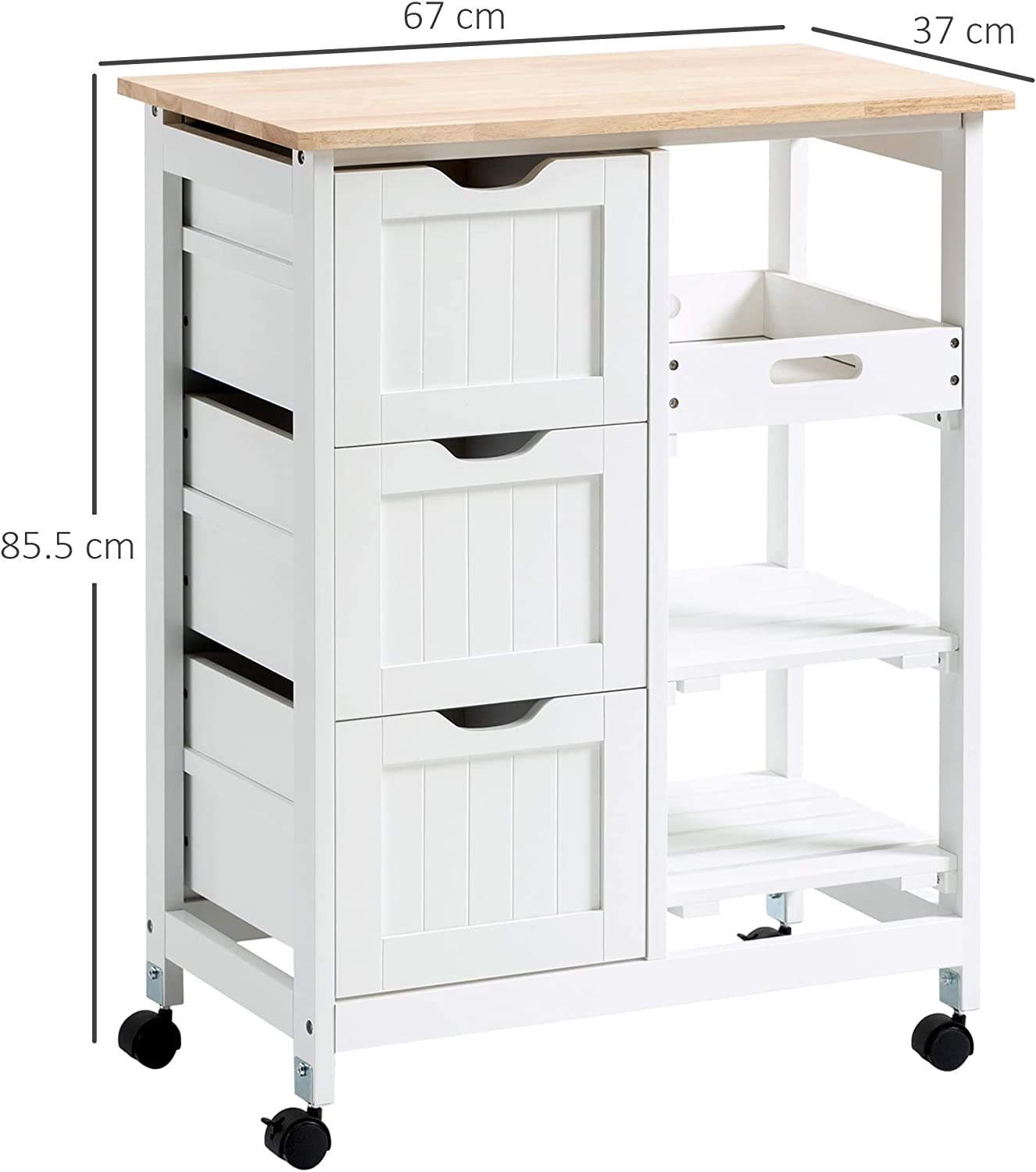 Kitchen Storage Trolley Cart with 3 Drawers and Removable Tray, White