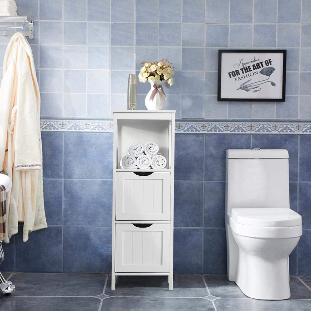 Bathroom Floor Cabinet with 2 Drawers, Modern Wooden Storage Unit, White