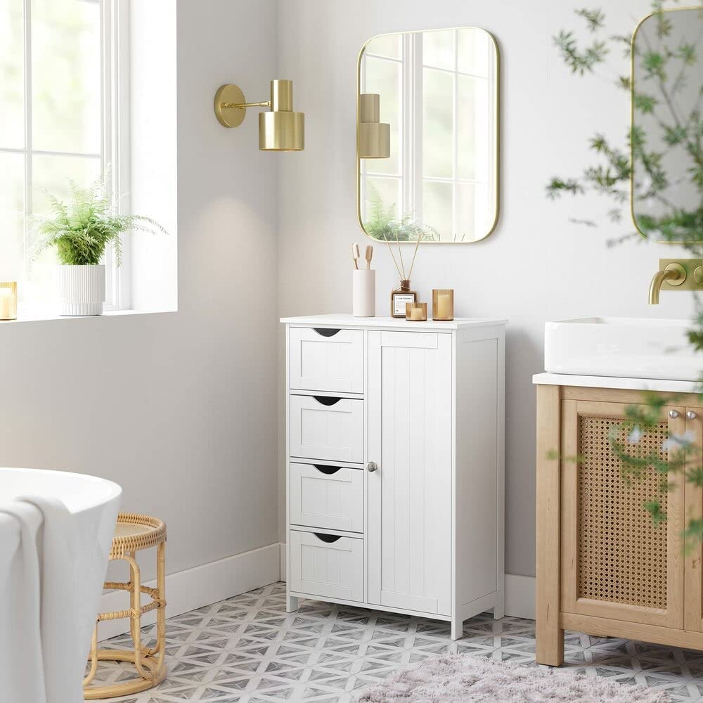 Bathroom Floor Storage Cabinet, Wooden Storage Unit with 4 Drawers, White