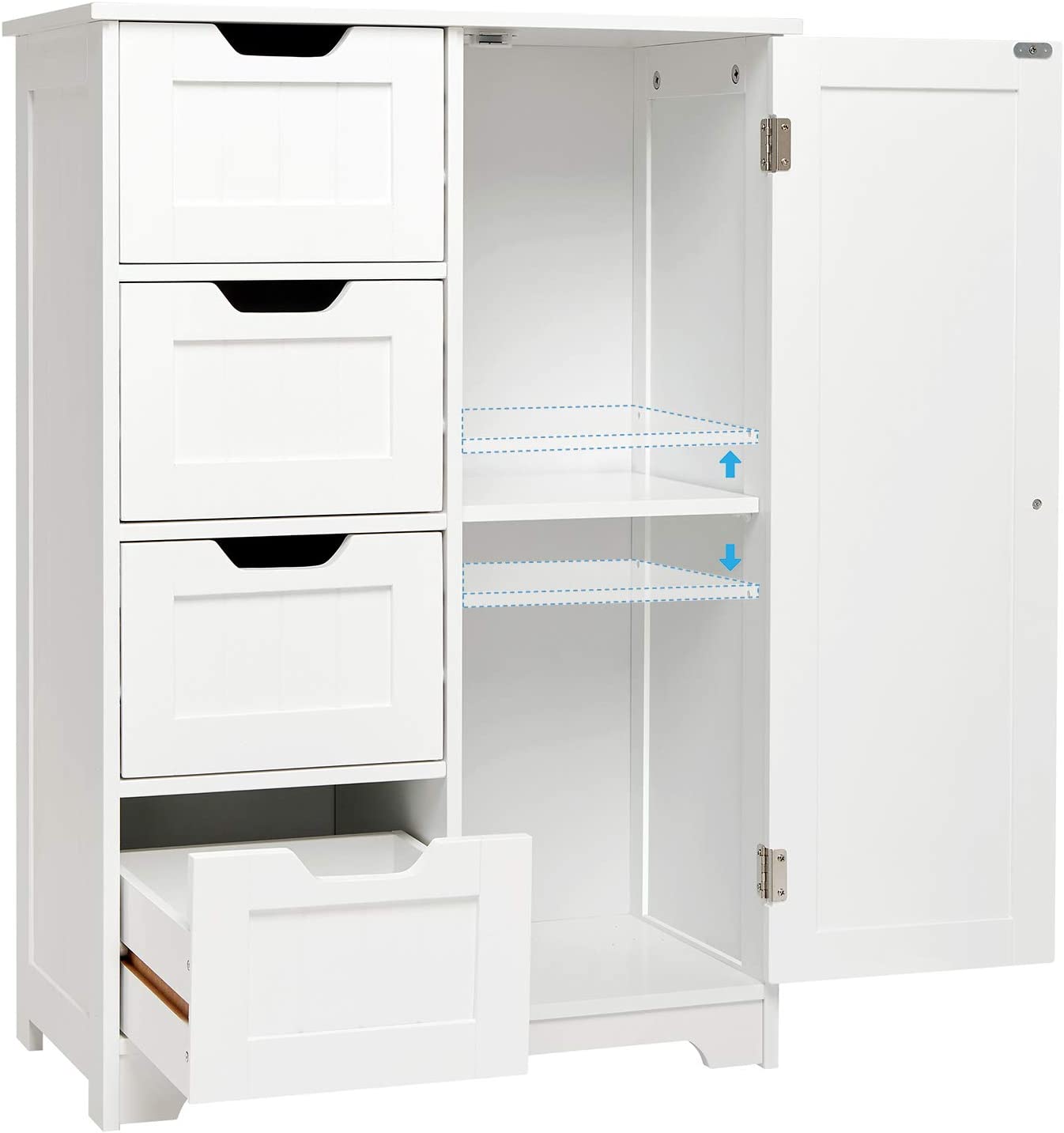 Bathroom Storage Cabinet w/ 4 Drawers 1 Door Adjustable Partition Wooden Modern Style White