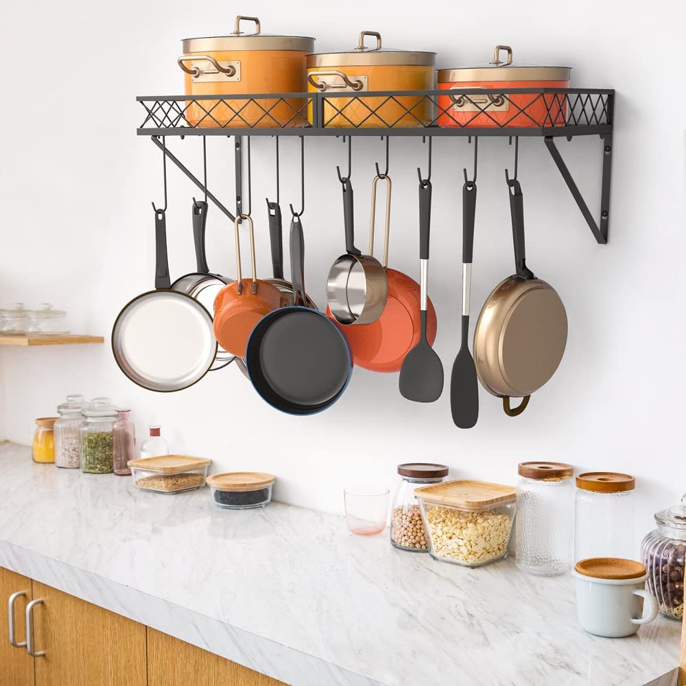 Wall Mount Pot Pan Racks for kitchen, Metal Cookware Organizer with 10 Hooks, Black