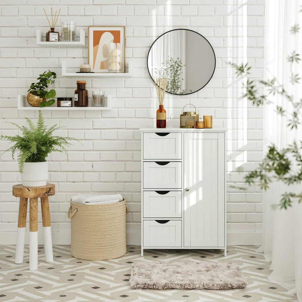 Bathroom Floor Storage Cabinet, Wooden Storage Unit with 4 Drawers, White