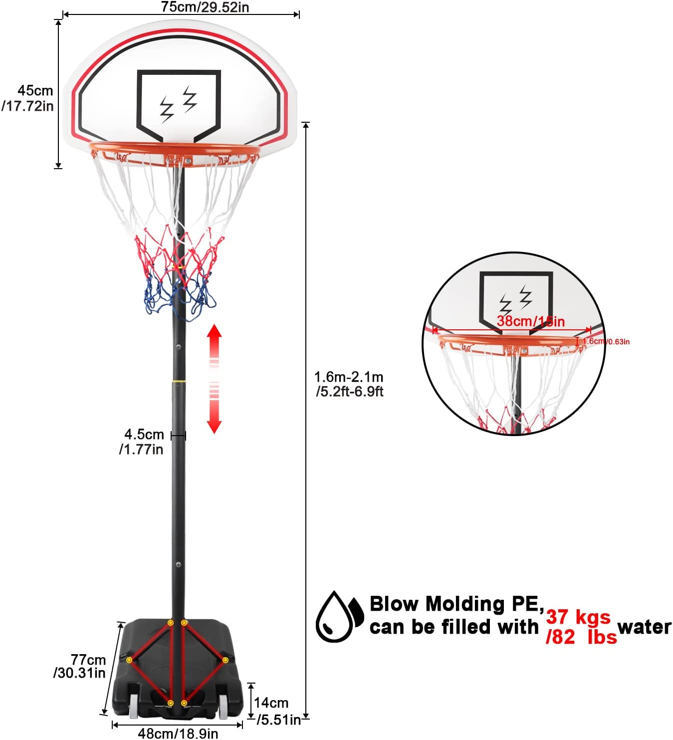 Portable Outdoor Free standing Basketball Stand Net Set Height Adjustable w/ Wheels