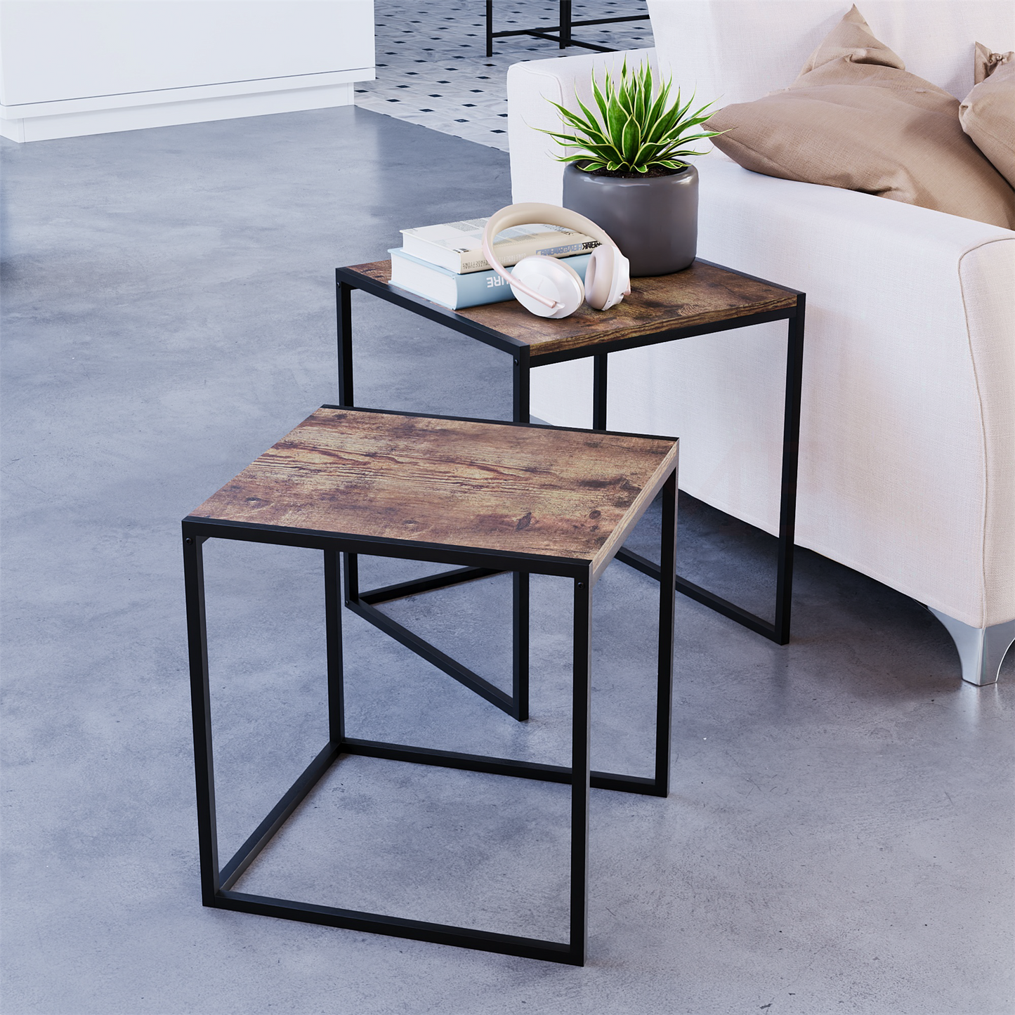 Industrial Nest of Tables Set of 2 Coffee Side End Table Living Room Furniture