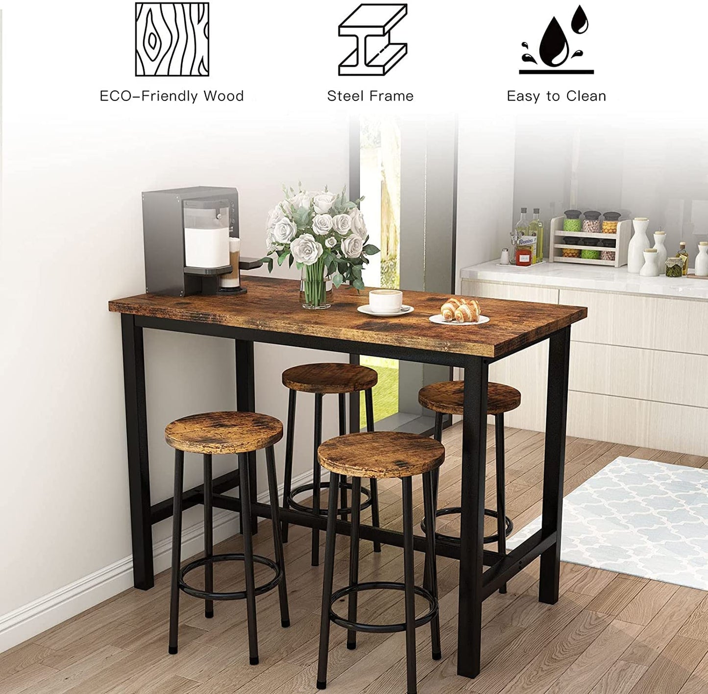 NEW Bar Table and 4 Chairs Set Industrial Counter Height Pub Table FREE SHIPPING