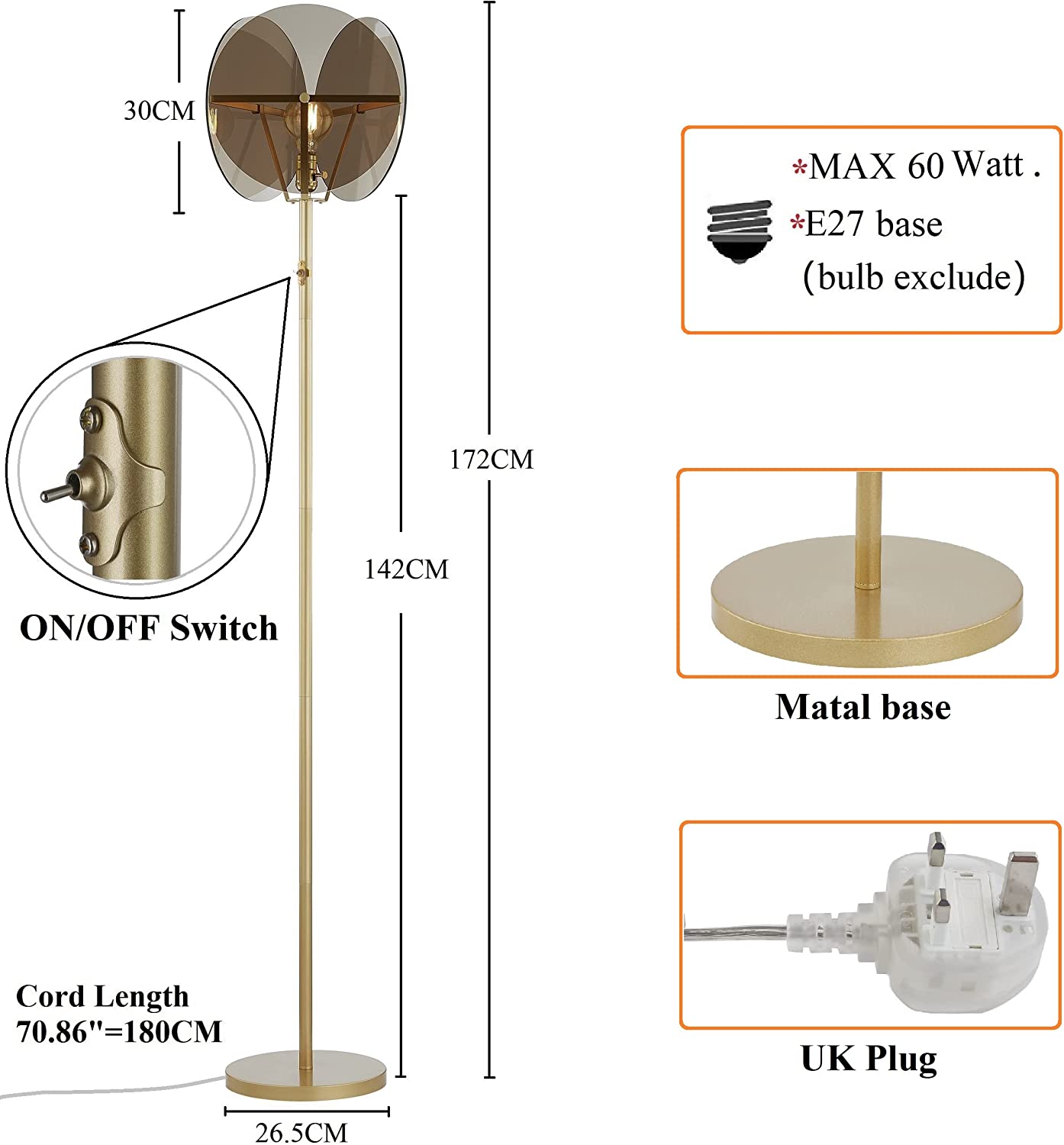 Modern Standing Lamp LED Torchiere Floor Lamp Industrial Tall Lamp with Acrylic Lampshade