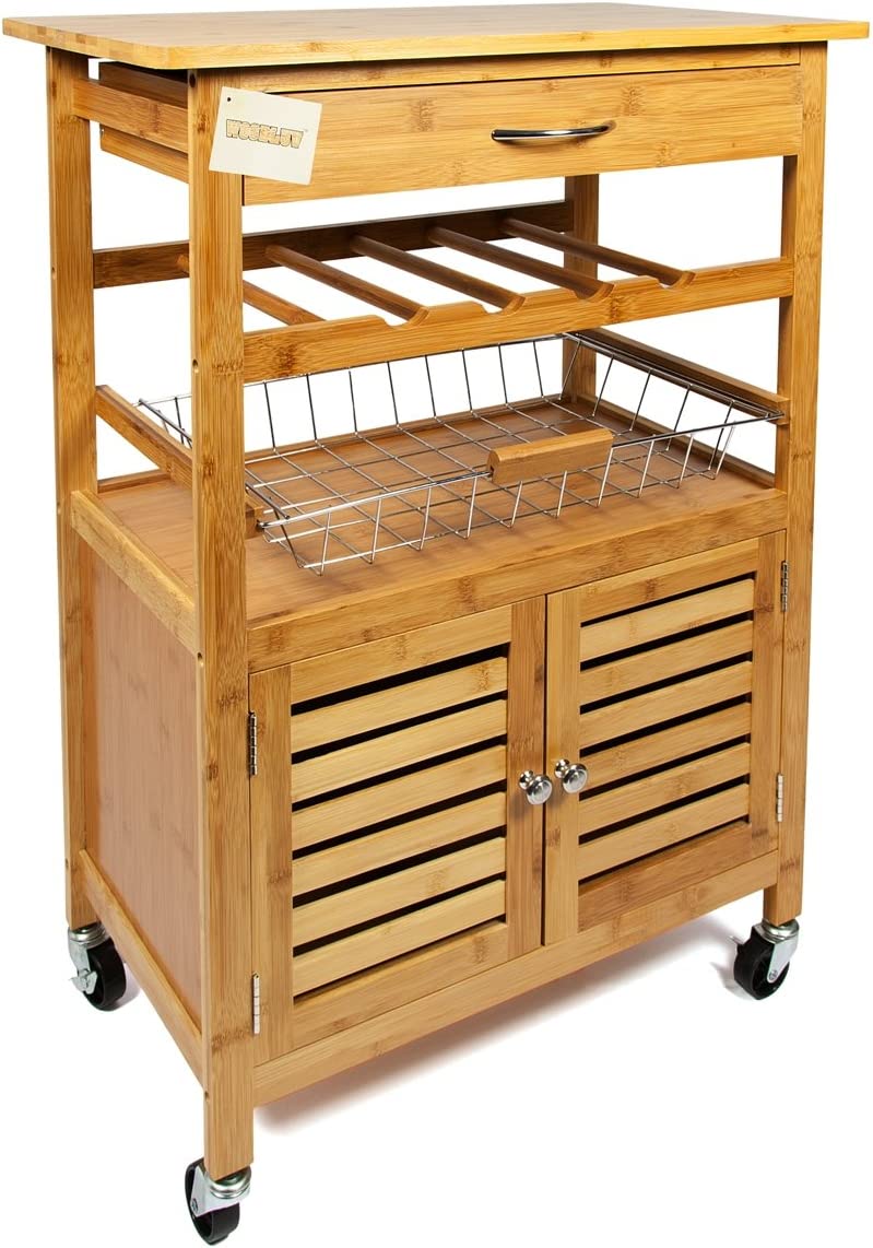 💥SALE💥 Bamboo Kitchen Trolley Cart with Drawer, Wire Basket, Storage Cabinet & Wine Rack