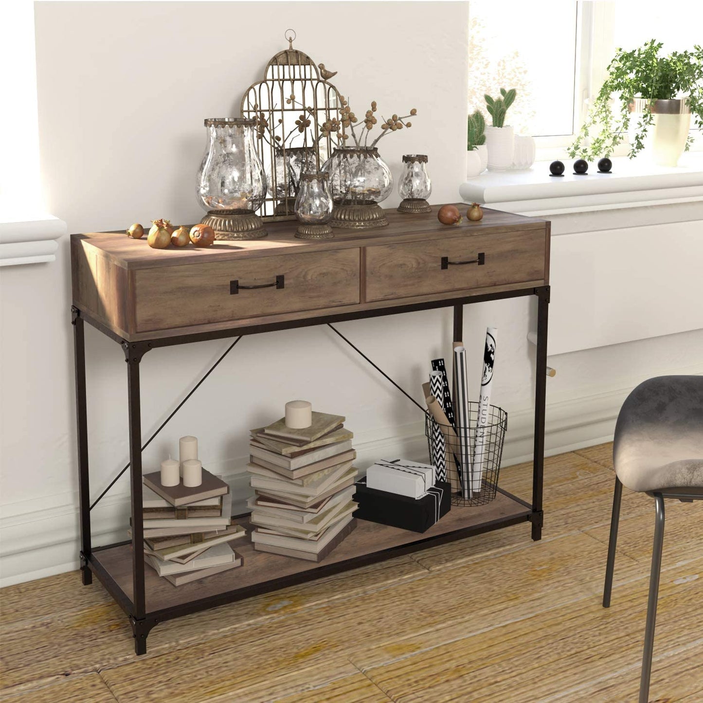 Console Table, 2 Drawers with Handles and Storage Shelf Side Table