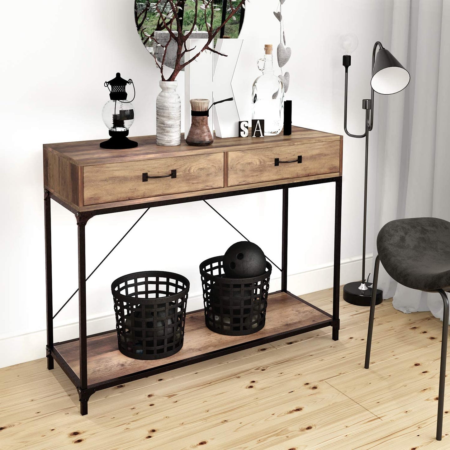 Console Table, 2 Drawers with Handles and Storage Shelf Side Table