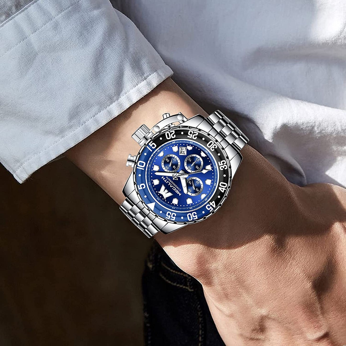 Mens Watch Chronograph Stainless Steel Wrist Watch Large for Men Waterproof Quartz