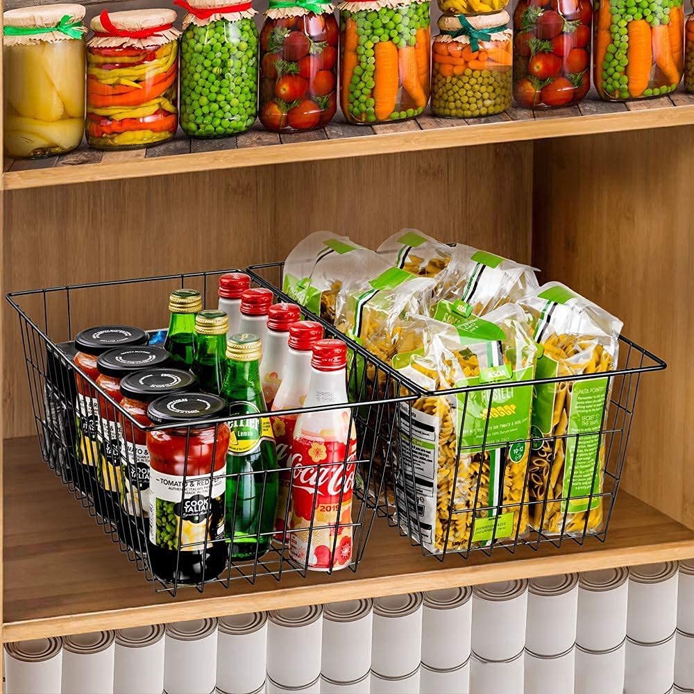 2 Pcs Wire Large Organizer Storage Bins Basket Black for Fridge Freezer w/ Handles FREE SHIPPING