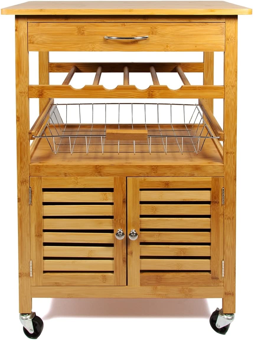 💥SALE💥 Bamboo Kitchen Trolley Cart with Drawer, Wire Basket, Storage Cabinet & Wine Rack