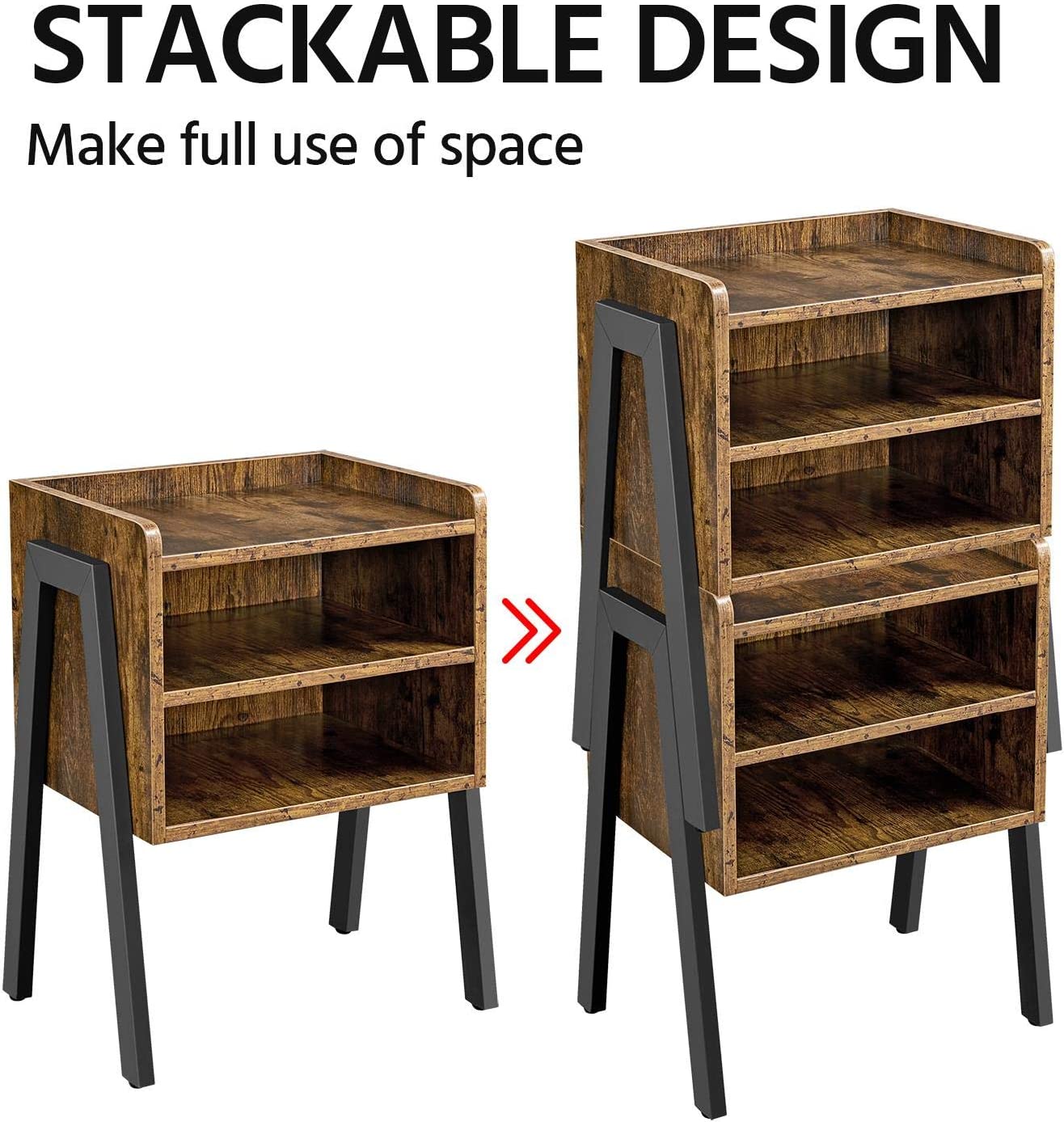2 Set Industrial Bedside Table, Wooden Nightstands with 3 Tier Open Drawer Rustic Brown