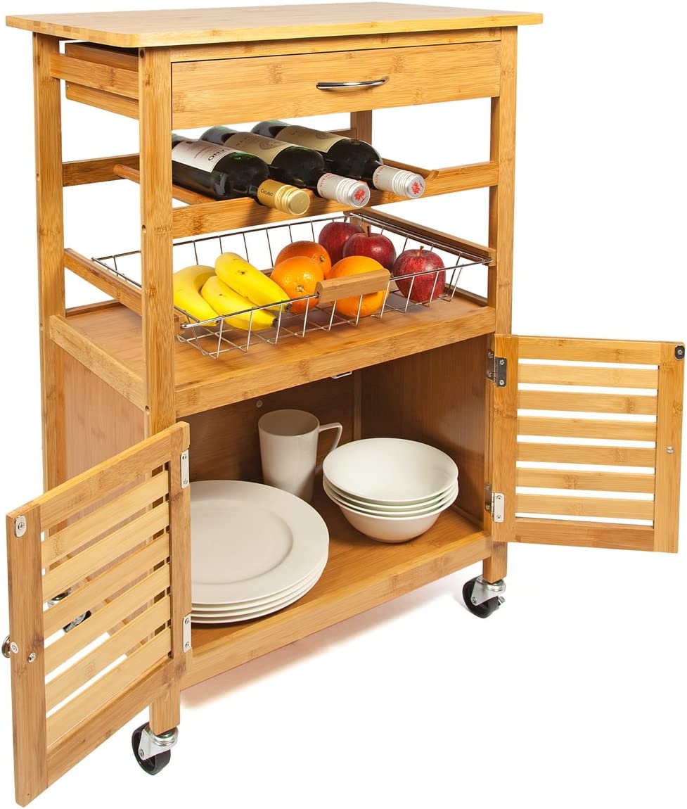 💥SALE💥 Bamboo Kitchen Trolley Cart with Drawer, Wire Basket, Storage Cabinet & Wine Rack