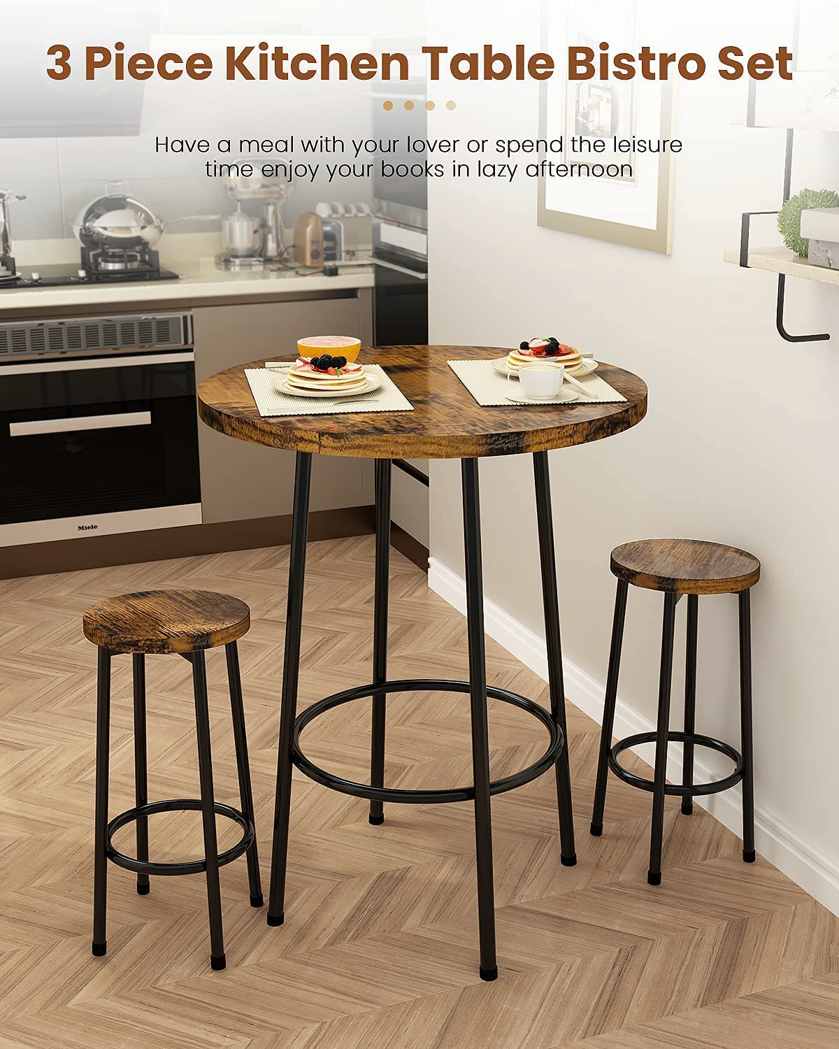 3Pcs Pub Dining Set Industrial Counter Height Dining Sets with 2 Stools, Round Bar Table Chairs Set