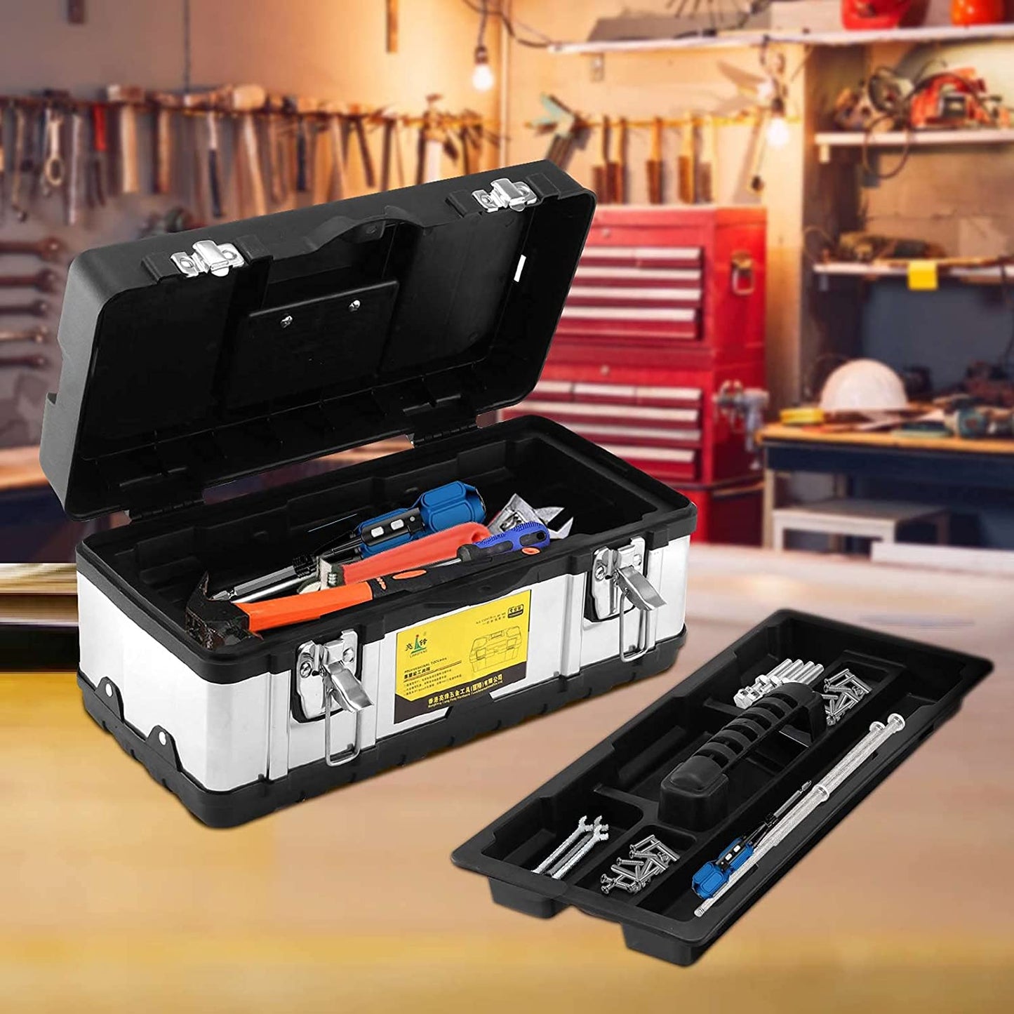 NEW! ToolBox Storage 16 Inch Heavy Duty Stainless Steel with Metal Dual Dual Latch Removable Tray