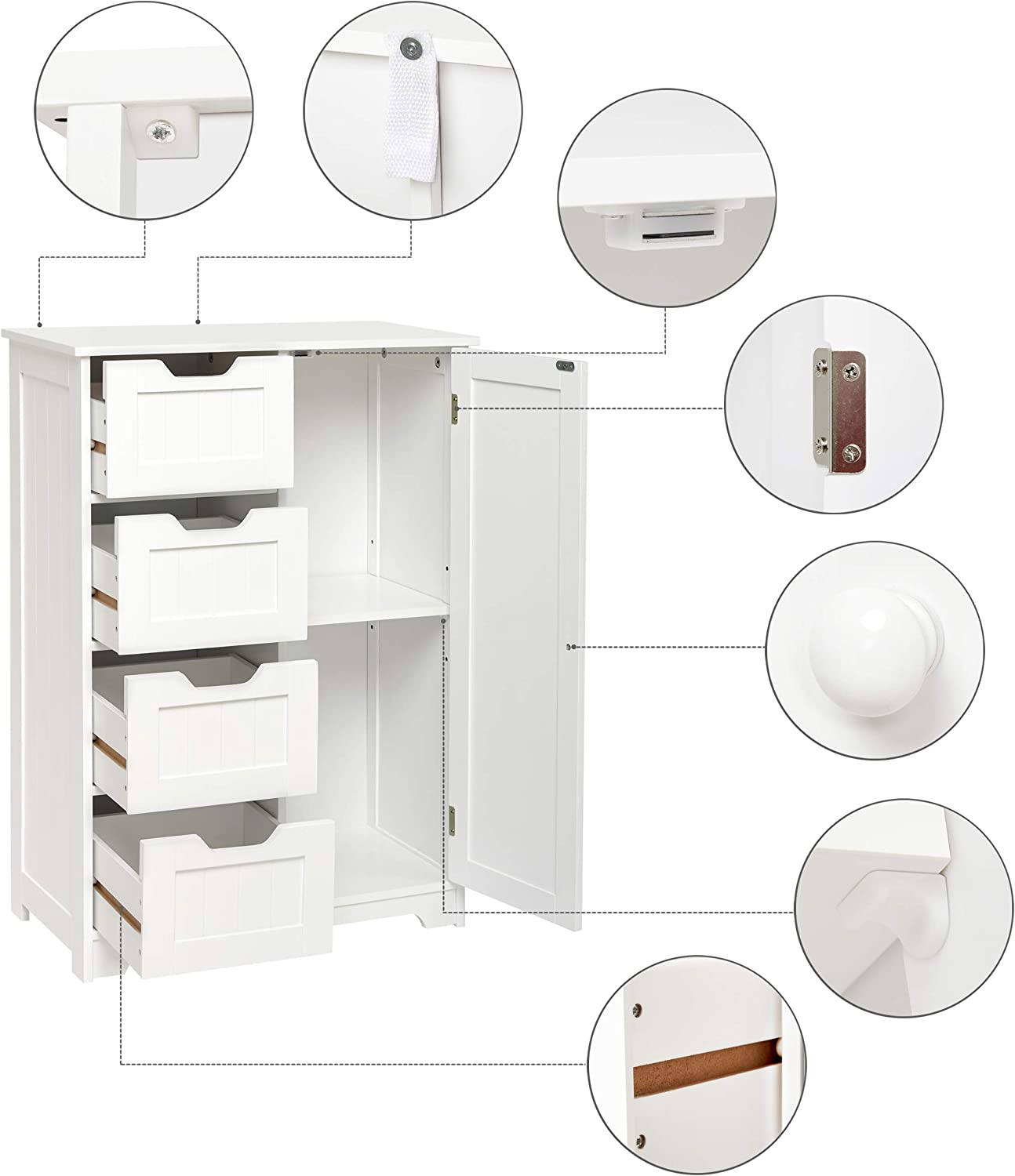 Bathroom Storage Cabinet w/ 4 Drawers 1 Door Adjustable Partition Wooden Modern Style White