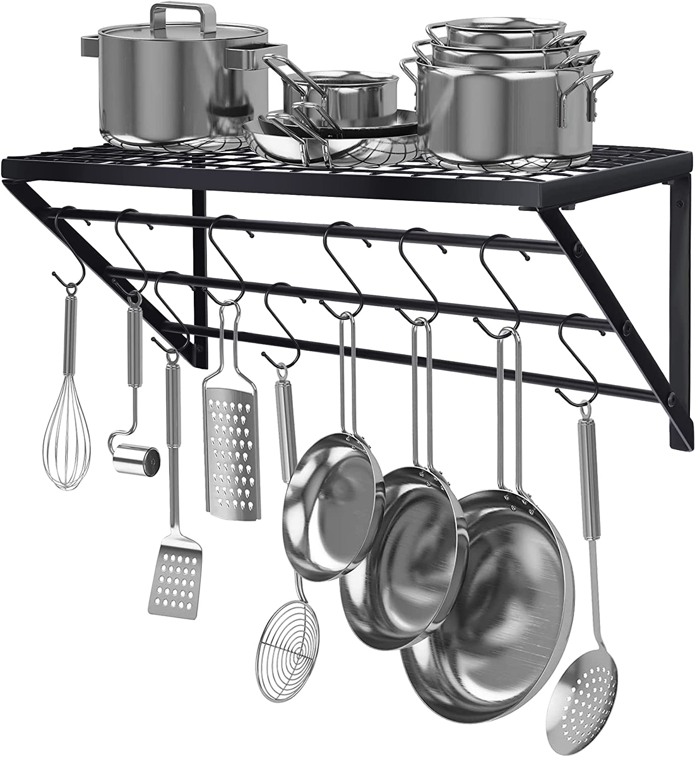 Pot Pan Rack Wall Mounted for Kitchen Hanging with 10 Hooks, Stainless Steel, Matte Black