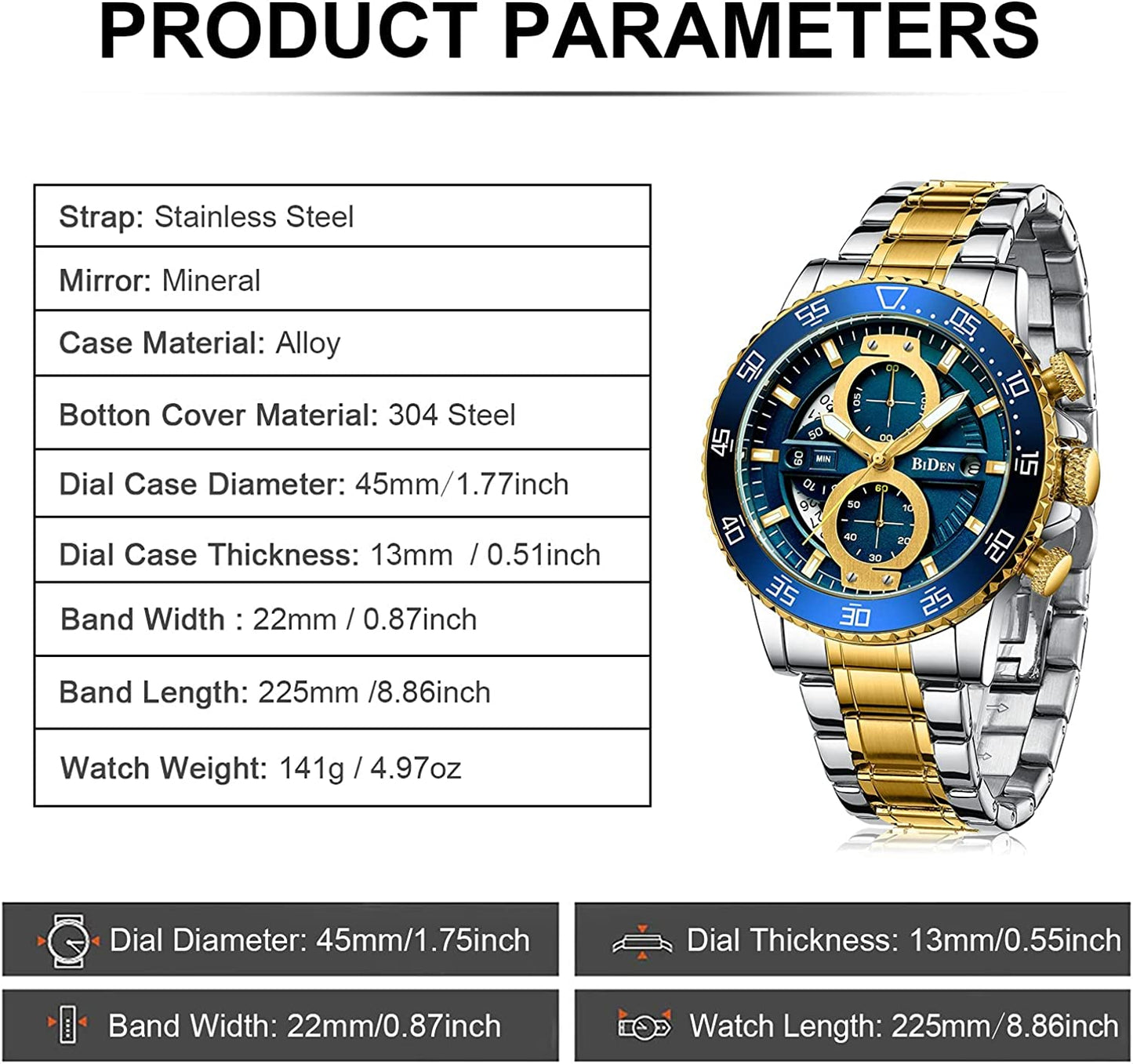 NEW Mens Watch Chronograph Stainless Steel Waterproof Watch FREE SHIPPING