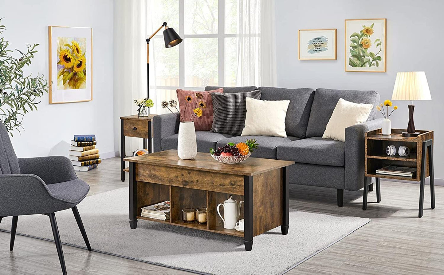 2 Set Industrial Bedside Table, Wooden Nightstands with 3 Tier Open Drawer Rustic Brown