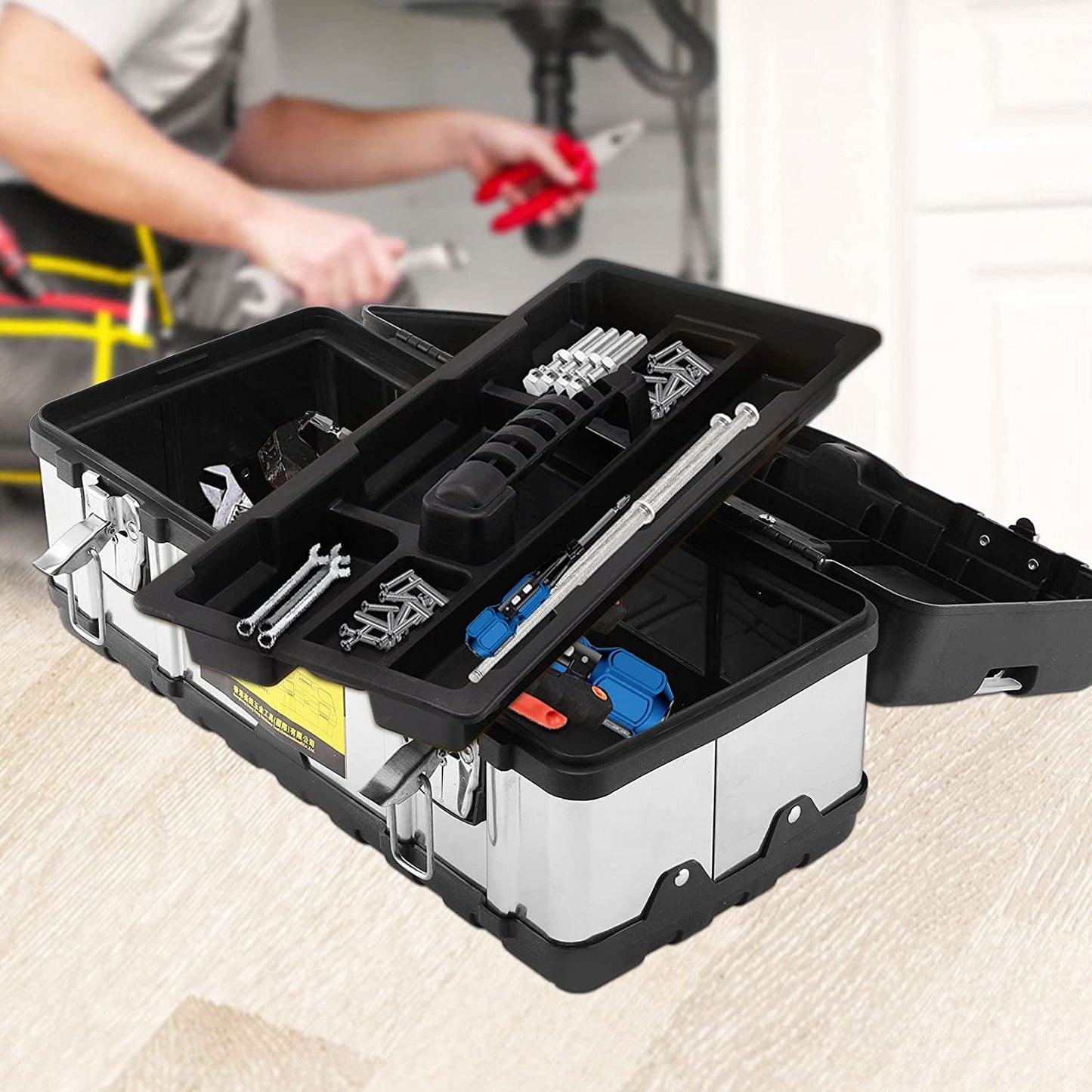 NEW! ToolBox Storage 16 Inch Heavy Duty Stainless Steel with Metal Dual Dual Latch Removable Tray
