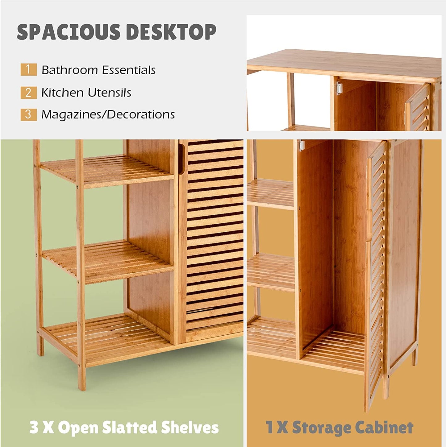 Bamboo Bathroom Cabinet Single Door Freestanding Floor Cabinets with 3-Tier Open Shelves