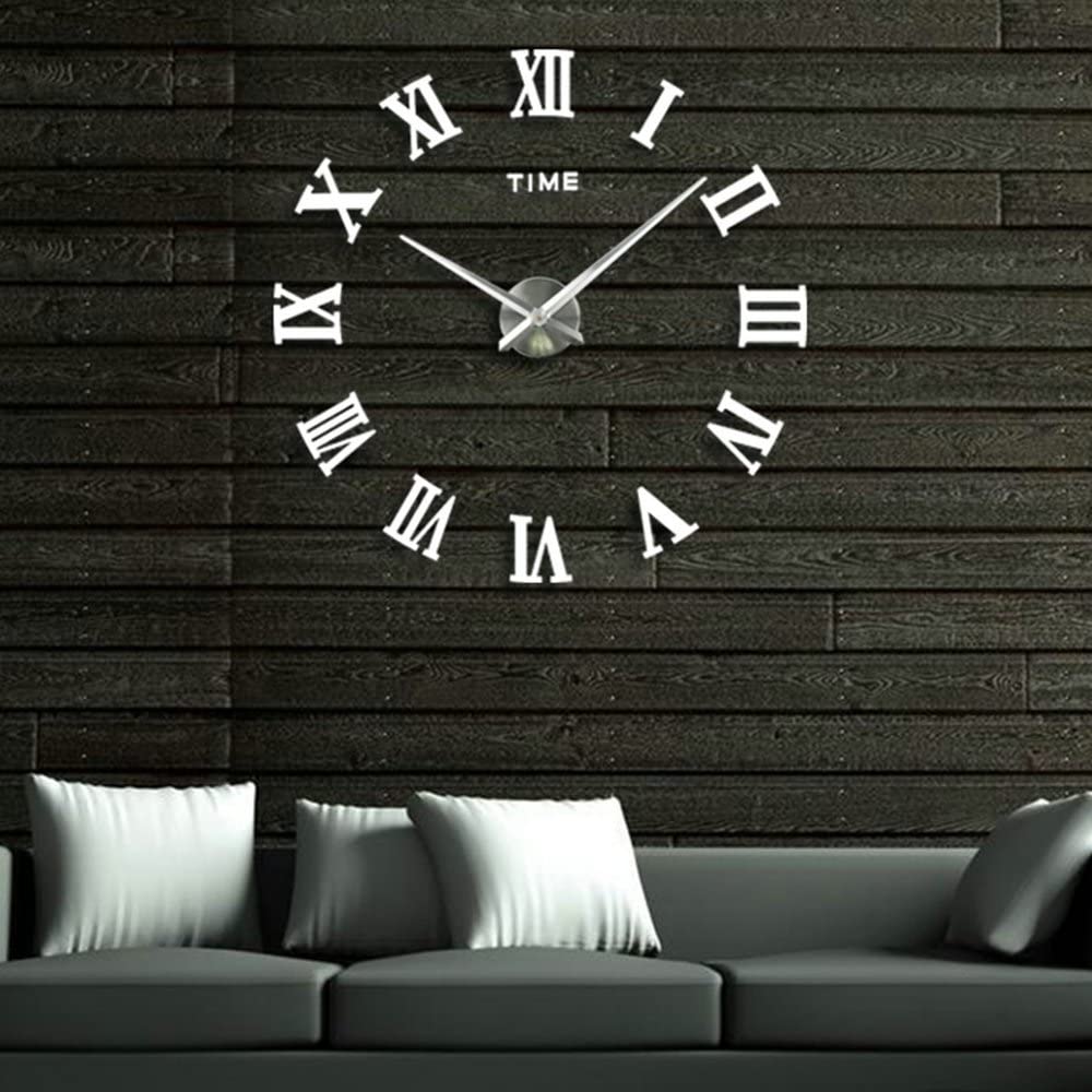 3D DIY Frameless Large Wall Clock Modern Roman Numerals 3D Mirror Sticker
