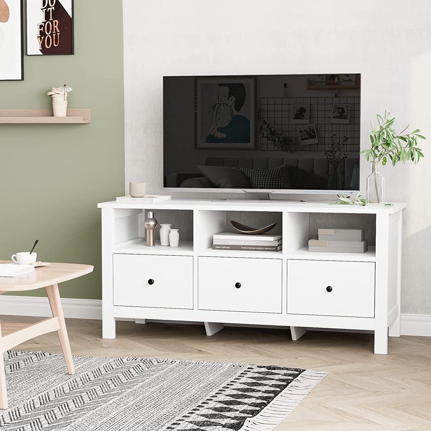 TV Stand Cabinet Floor TV Console with 3 Drawers for 43 Inch TV Unit White Bench Storage