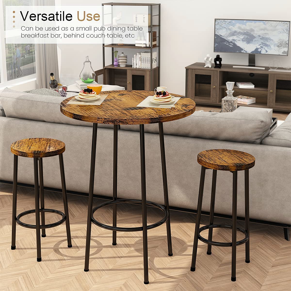 3Pcs Pub Dining Set Industrial Counter Height Dining Sets with 2 Stools, Round Bar Table Chairs Set
