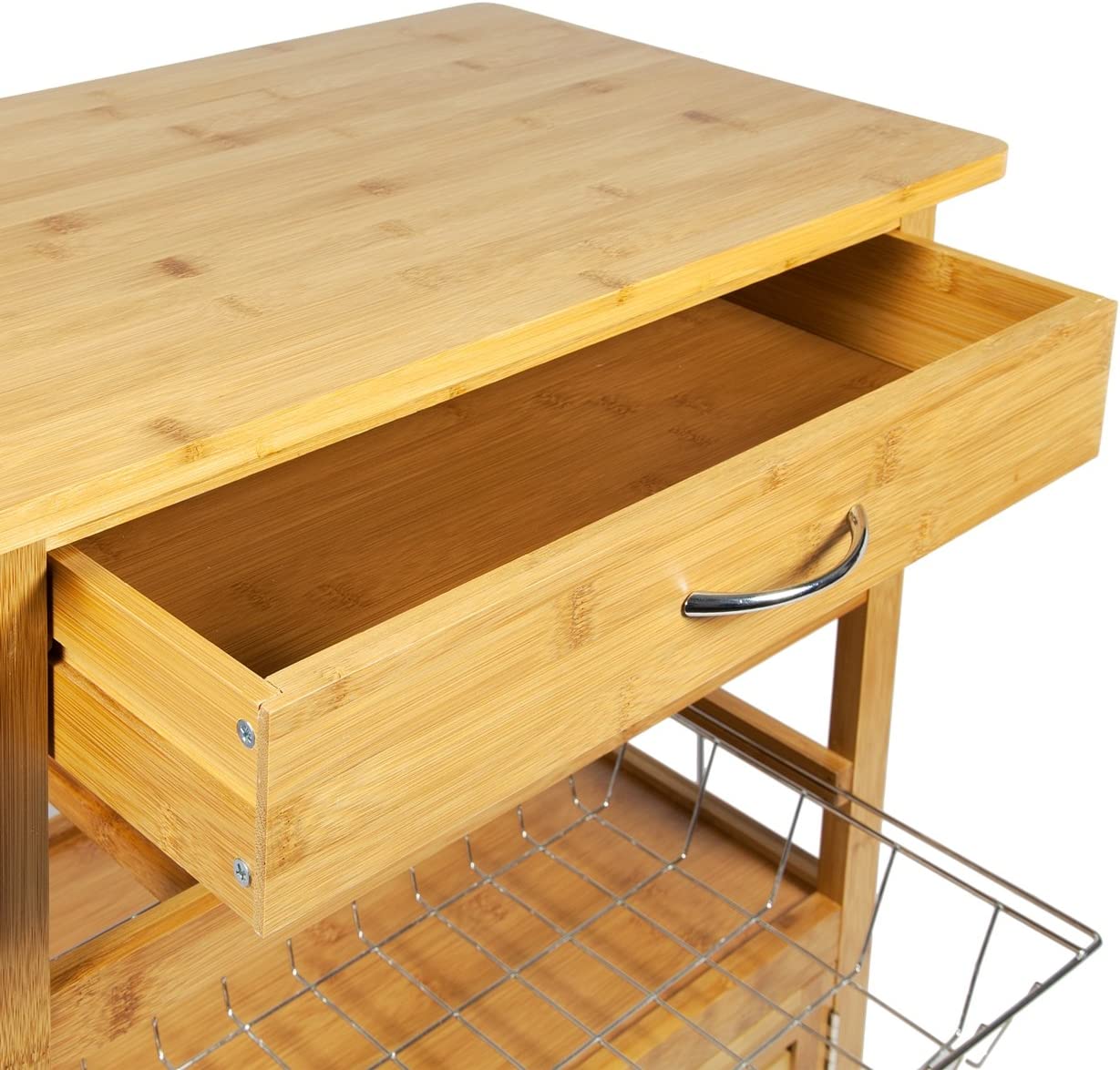 💥SALE💥 Bamboo Kitchen Trolley Cart with Drawer, Wire Basket, Storage Cabinet & Wine Rack