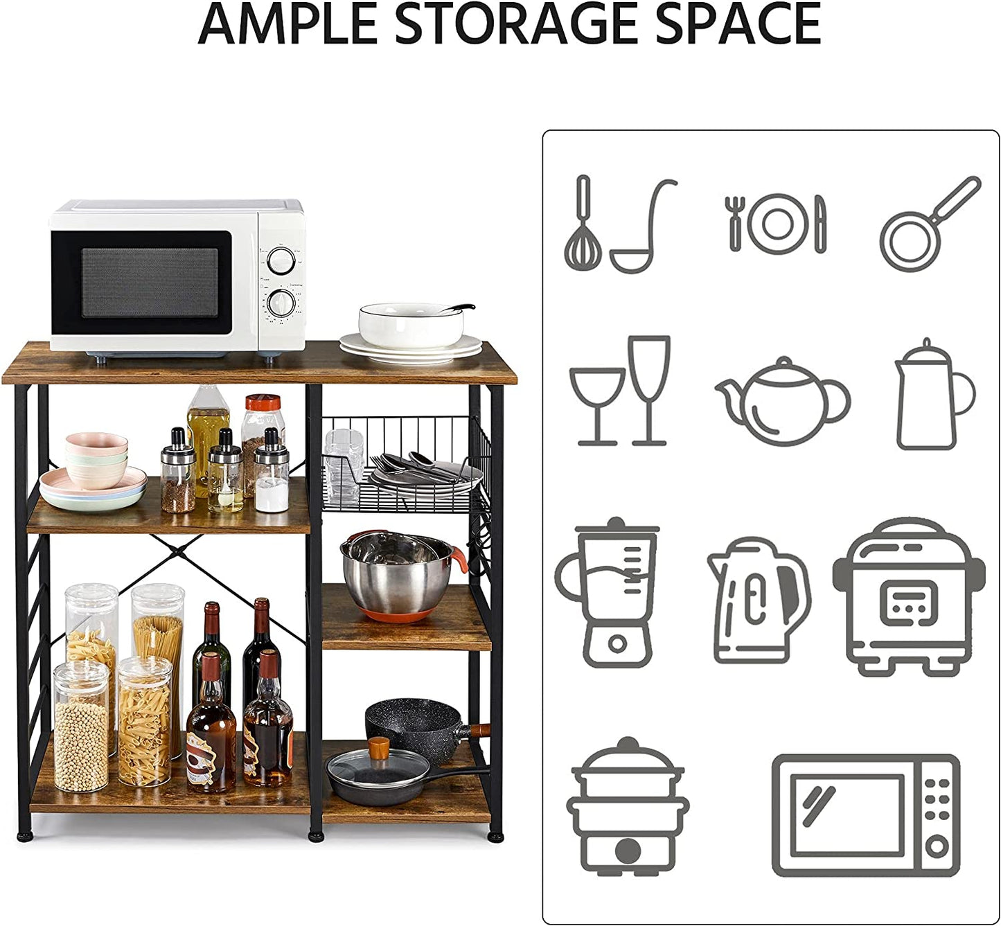 Baker's Rack Industrial Kitchen Island Microwave Storage Rack with Metal Mesh Basket BRAND NEW