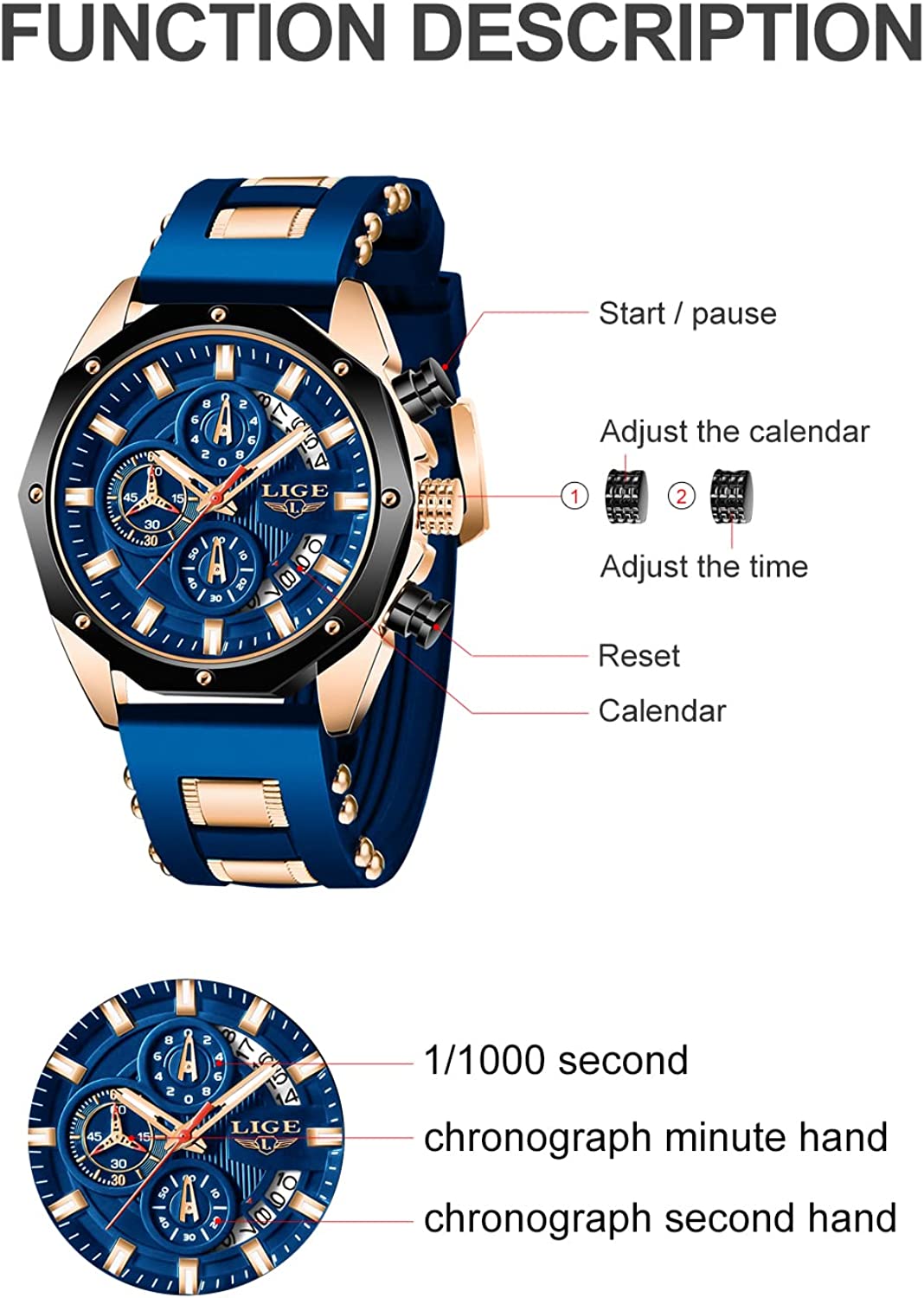 LIGE Men's Watches Fashion Sports Waterproof Chronograph Analogue Quartz