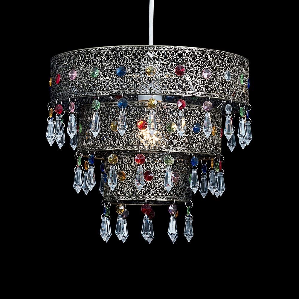 Moroccan Style 3 Tier Ceiling Pendant Light Shade with Multi-Coloured Acrylic Jewel Droplets