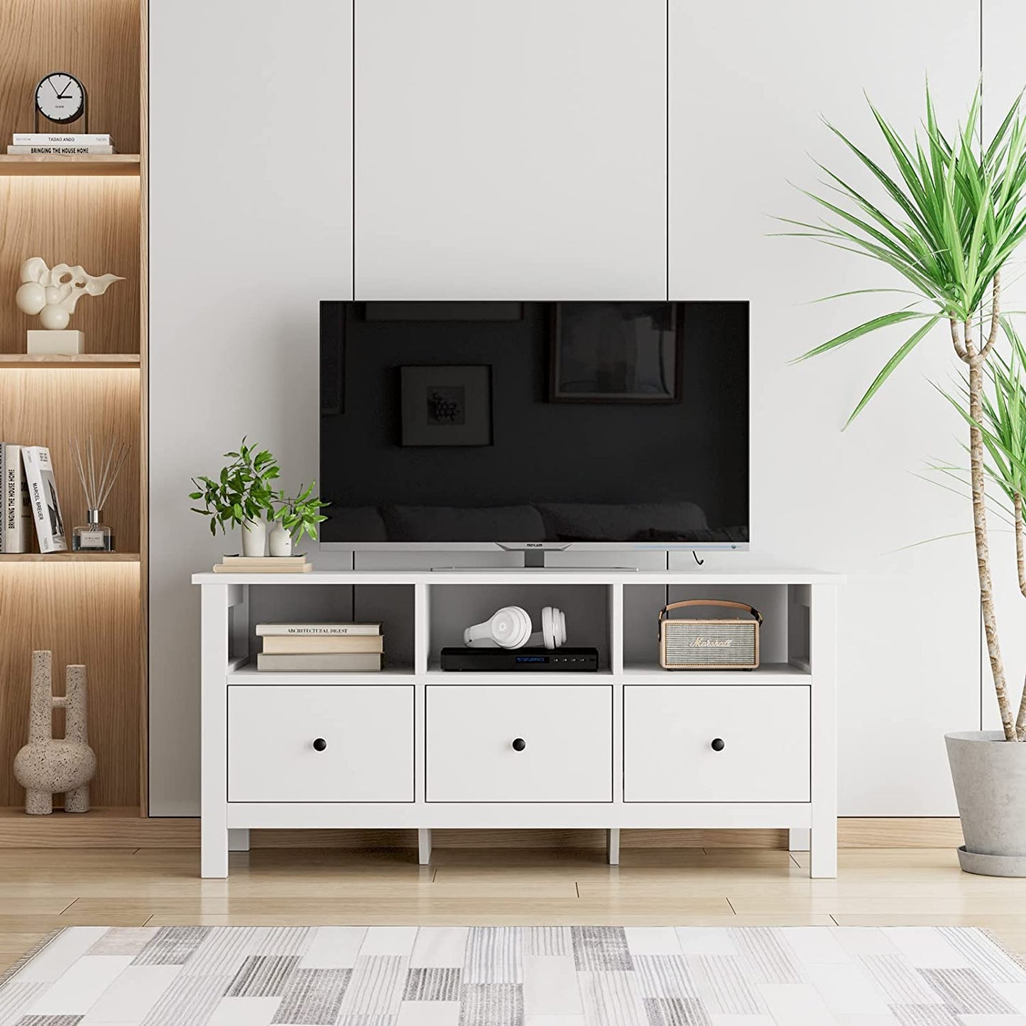 TV Stand Cabinet Floor TV Console with 3 Drawers for 43 Inch TV Unit White Bench Storage